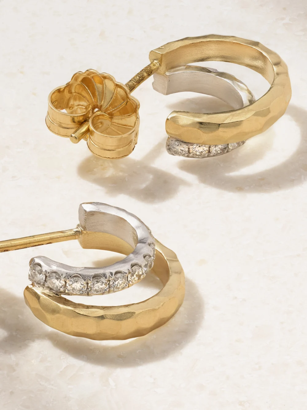 Back view of the Octavia Elizabeth 18-karat Yellow and White Gold Diamond Hoop Earrings