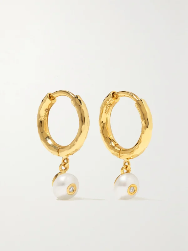 Octavia Elizabeth Micro Gabby 18-karat Recycled Gold, Pearl and Diamond Hoop Earrings