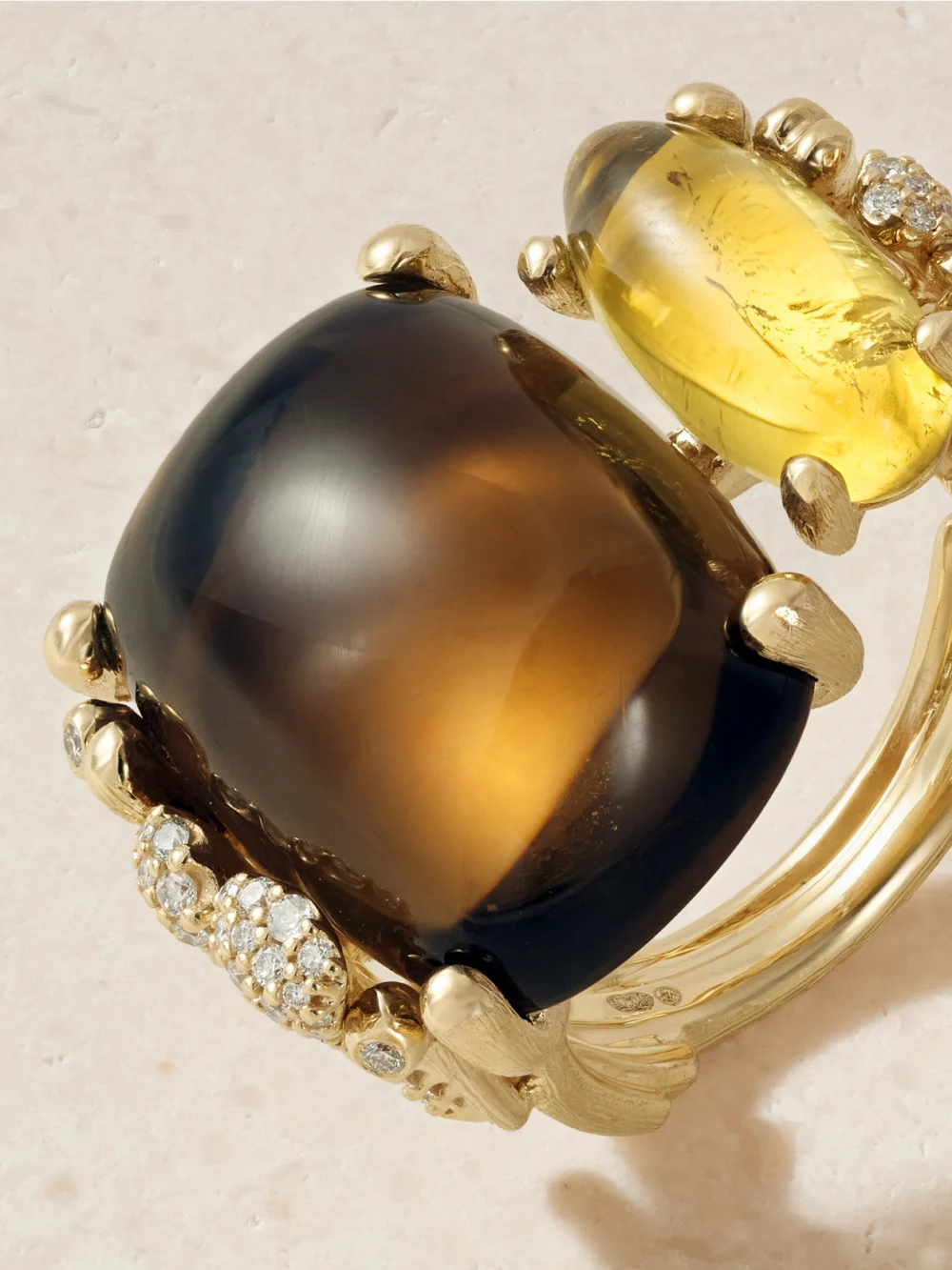 Close-up detail of the Ole Lynggaard Copenhagen Boho 18-karat Gold, Quartz, Tourmaline and Diamond Ring