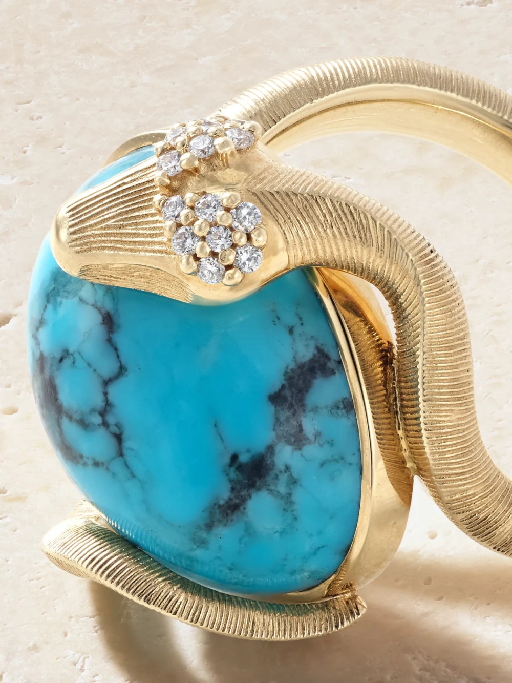 Close-up detail of the Ole Lynggaard Copenhagen Snakes 18-karat Gold, Turquoise and Diamond Ring