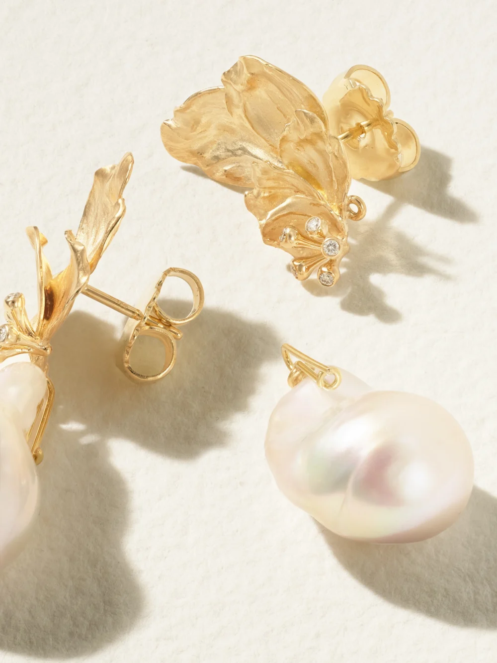 Back view of the Ole Lynggaard Copenhagen Wild Rose 18-karat Gold, Pearl and Diamond Earrings