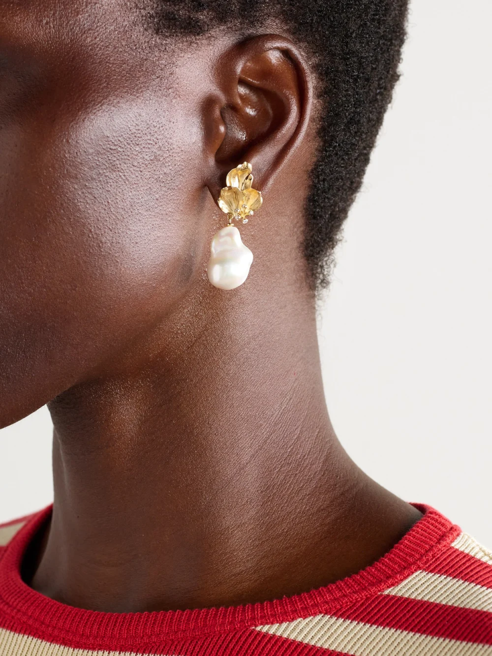 Ole Lynggaard Copenhagen Wild Rose 18-karat Gold, Pearl and Diamond Earrings, styled view