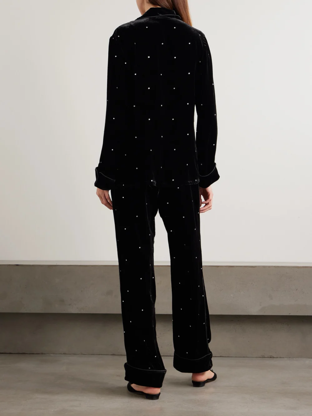 Back view of the Olivia von Halle Coco Crystal-embellished Velvet Pajama Set