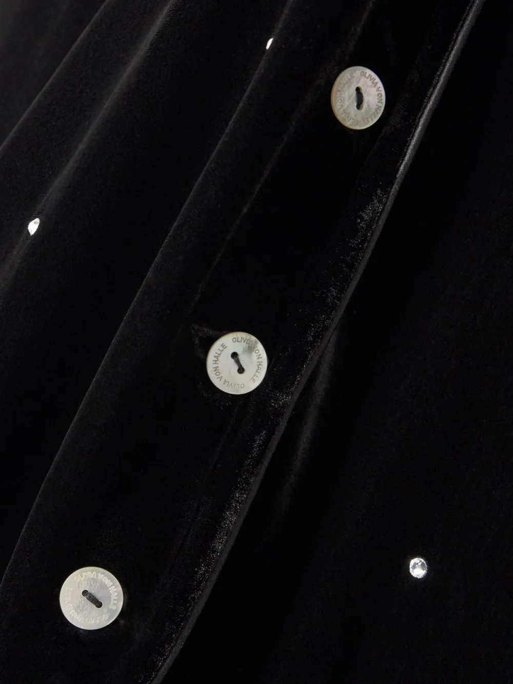 Close-up detail of the Olivia von Halle Coco Crystal-embellished Velvet Pajama Set