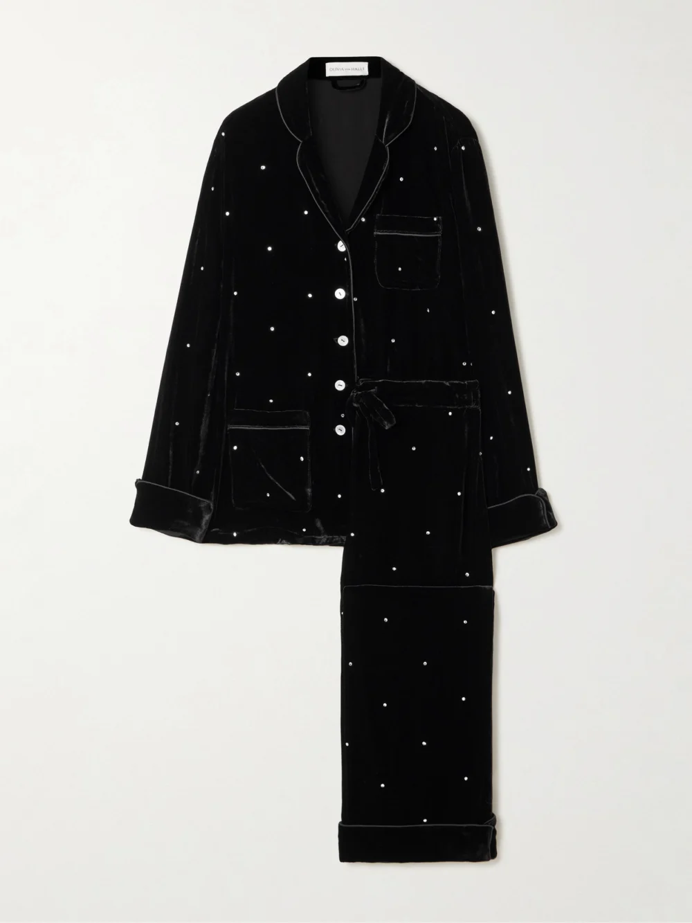 Olivia von Halle Coco Crystal-embellished Velvet Pajama Set in black