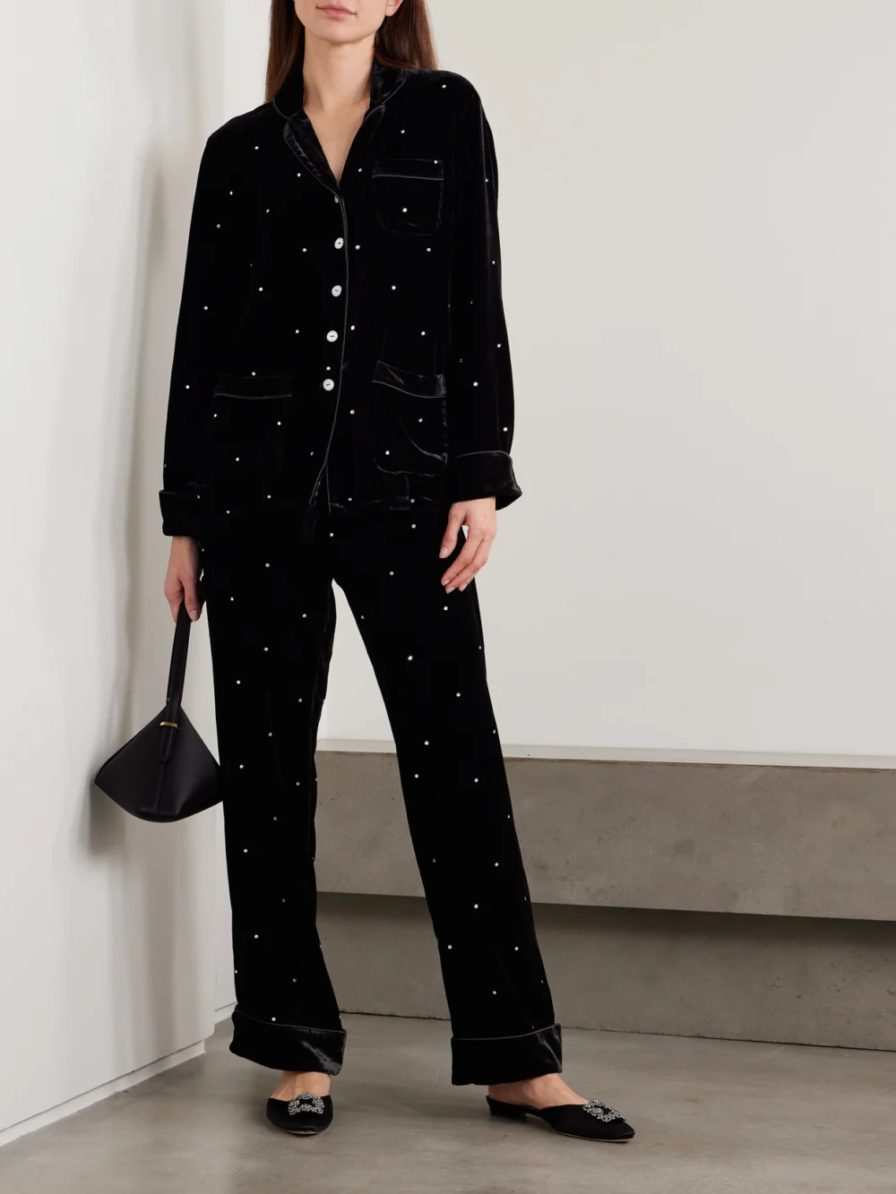 Olivia von Halle Coco Crystal-embellished Velvet Pajama Set, worn by a model