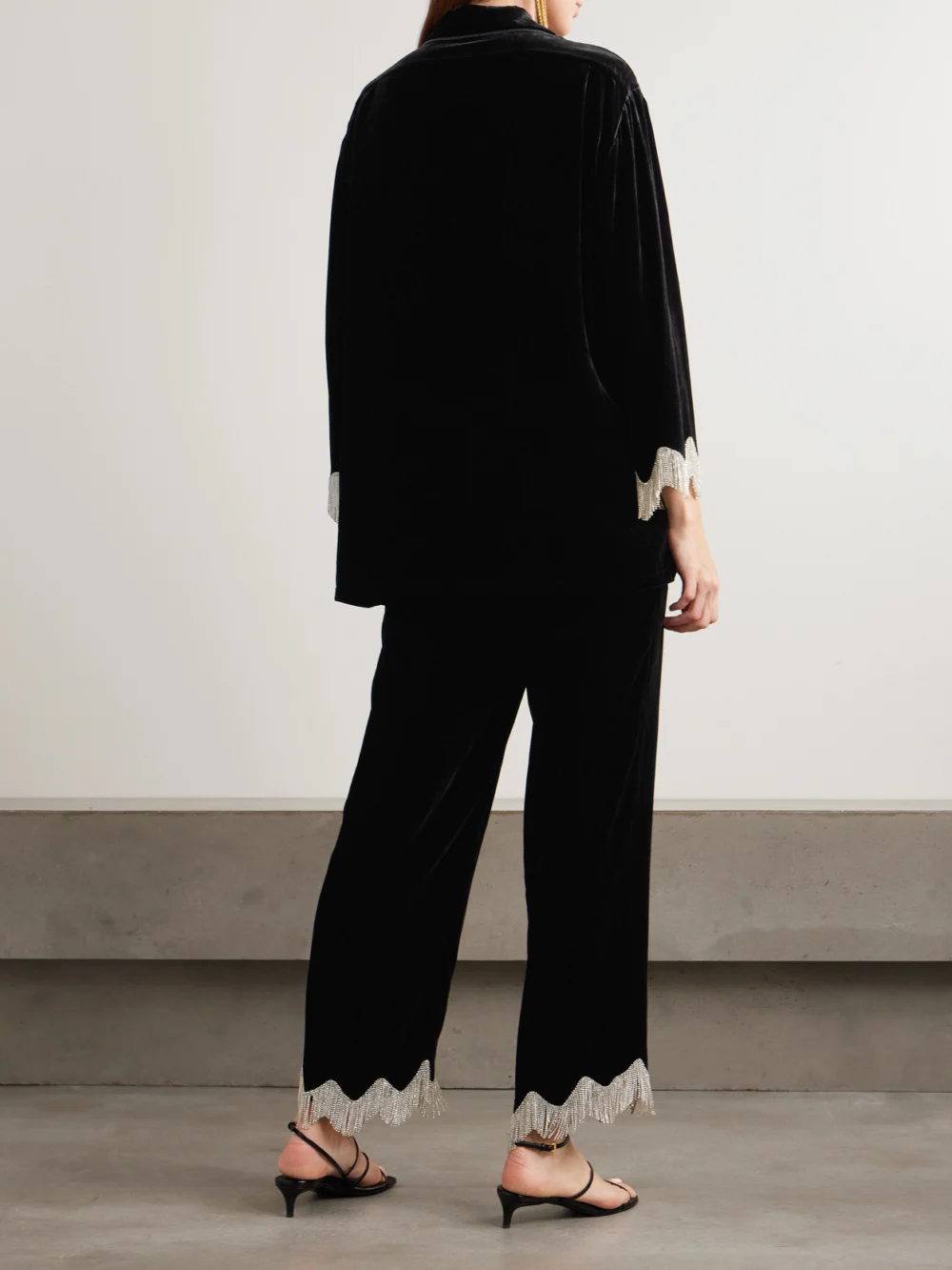 Back view of the Olivia von Halle Fifi Fringed Crystal-embellished Velvet Pajama Set