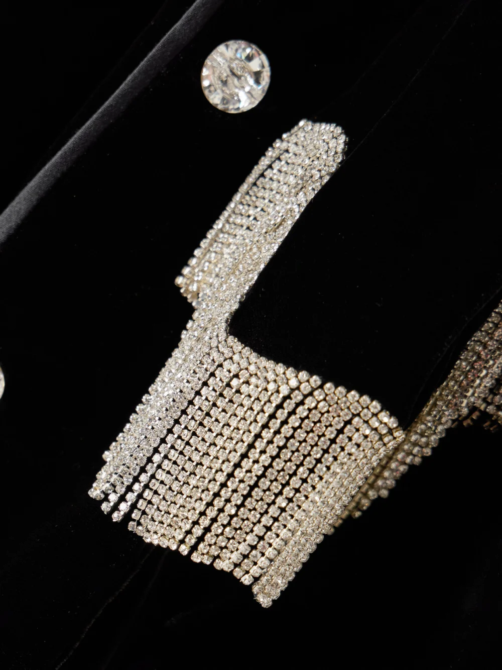Close-up detail of the Olivia von Halle Fifi Fringed Crystal-embellished Velvet Pajama Set
