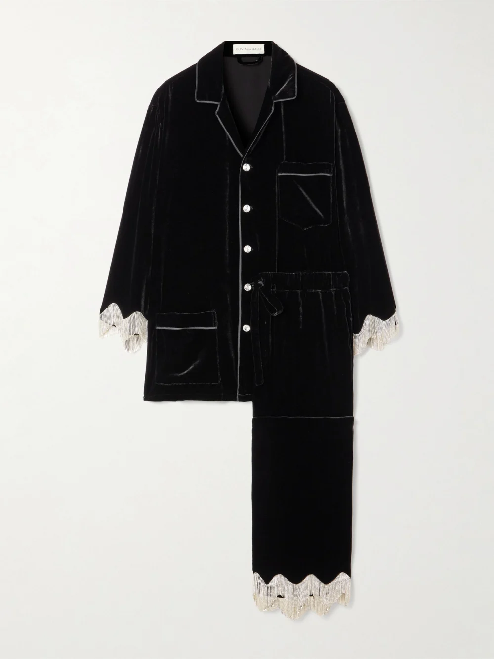 Olivia von Halle Fifi Fringed Crystal-embellished Velvet Pajama Set in black