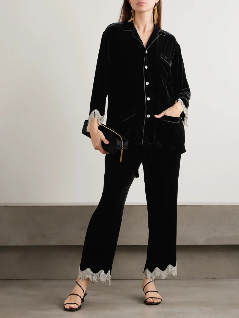 Olivia von Halle Fifi Fringed Crystal-embellished Velvet Pajama Set