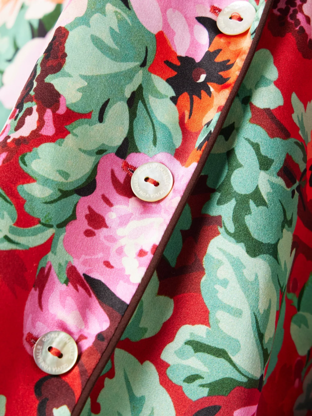 Close-up detail of the Olivia von Halle Lila Floral-print Silk-satin Pajama Set