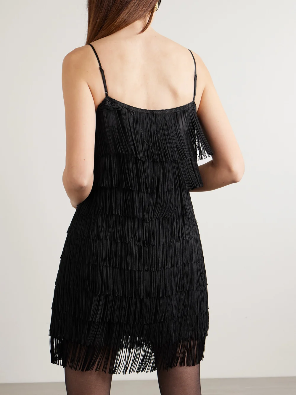 Back view of the Olivia von Halle Lola Fringed Silk-crepe Mini Dress