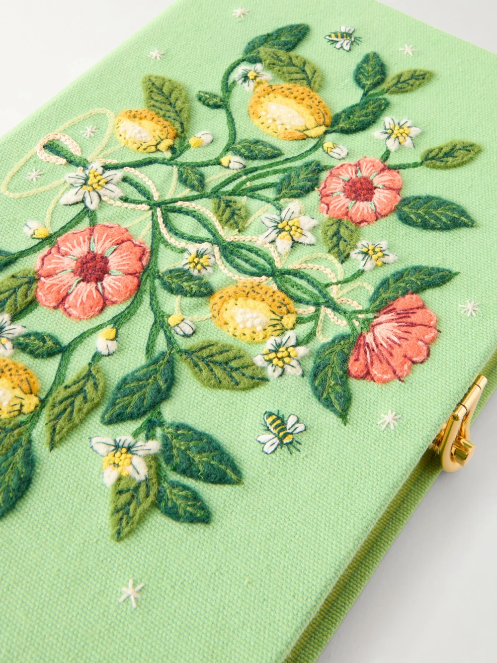 Close-up detail of the Olympia Le-Tan Botanical Chic Appliquéd Embroidered Canvas Clutch