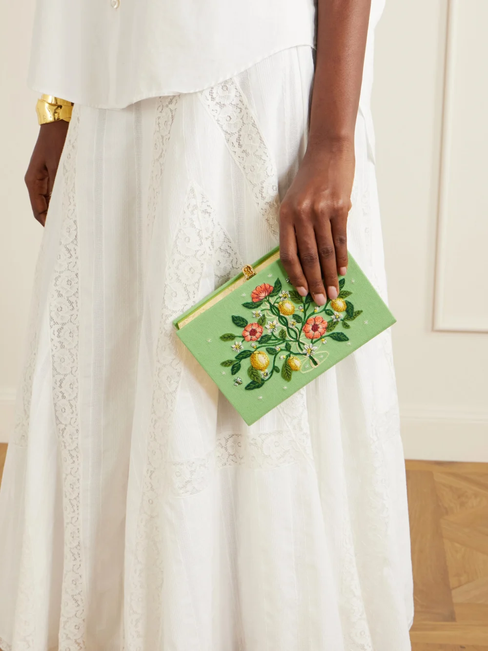 Olympia Le-Tan Botanical Chic Appliquéd Embroidered Canvas Clutch, styled view