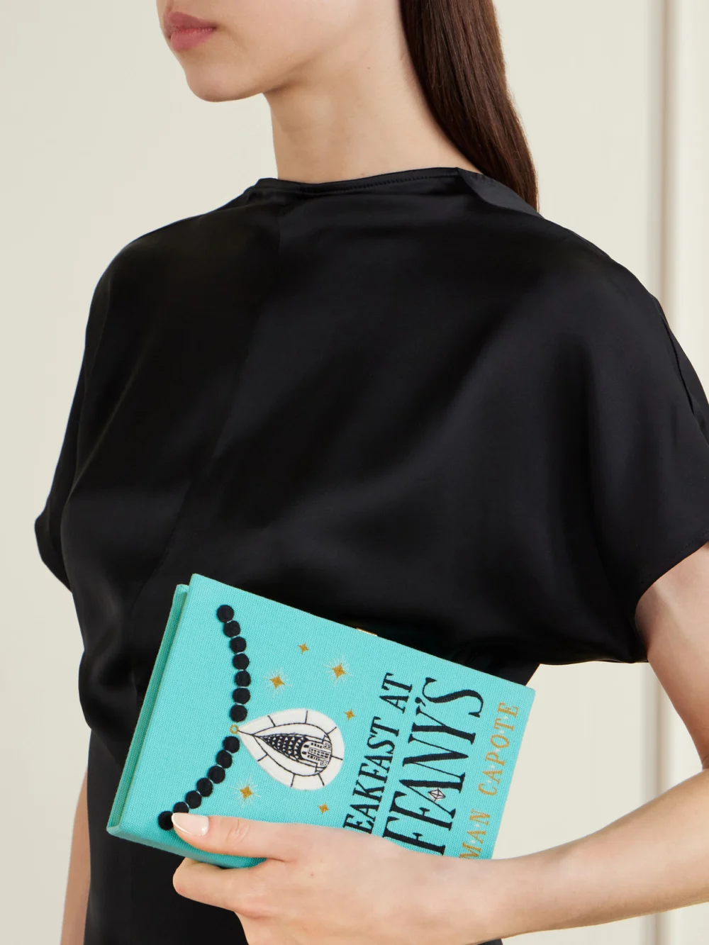 Olympia Le-Tan Breakfast At Tiffany's Appliquéd Embroidered Canvas Clutch, styled view