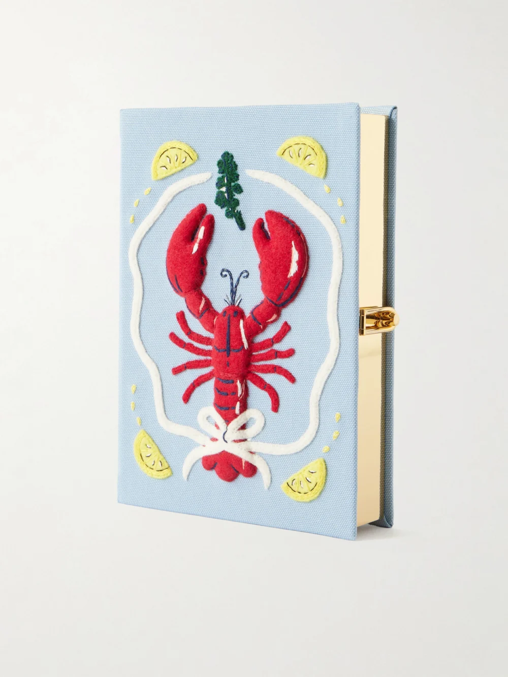 Olympia Le-Tan Lobster Appliquéd Embroidered Canvas Clutch in sky blue