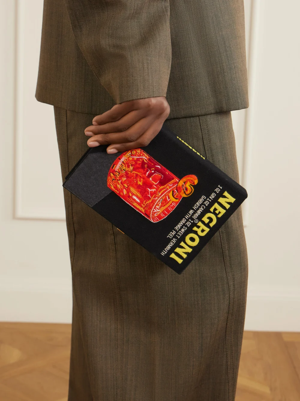 Olympia Le-Tan Negroni Appliquéd Embroidered Canvas Clutch, styled view