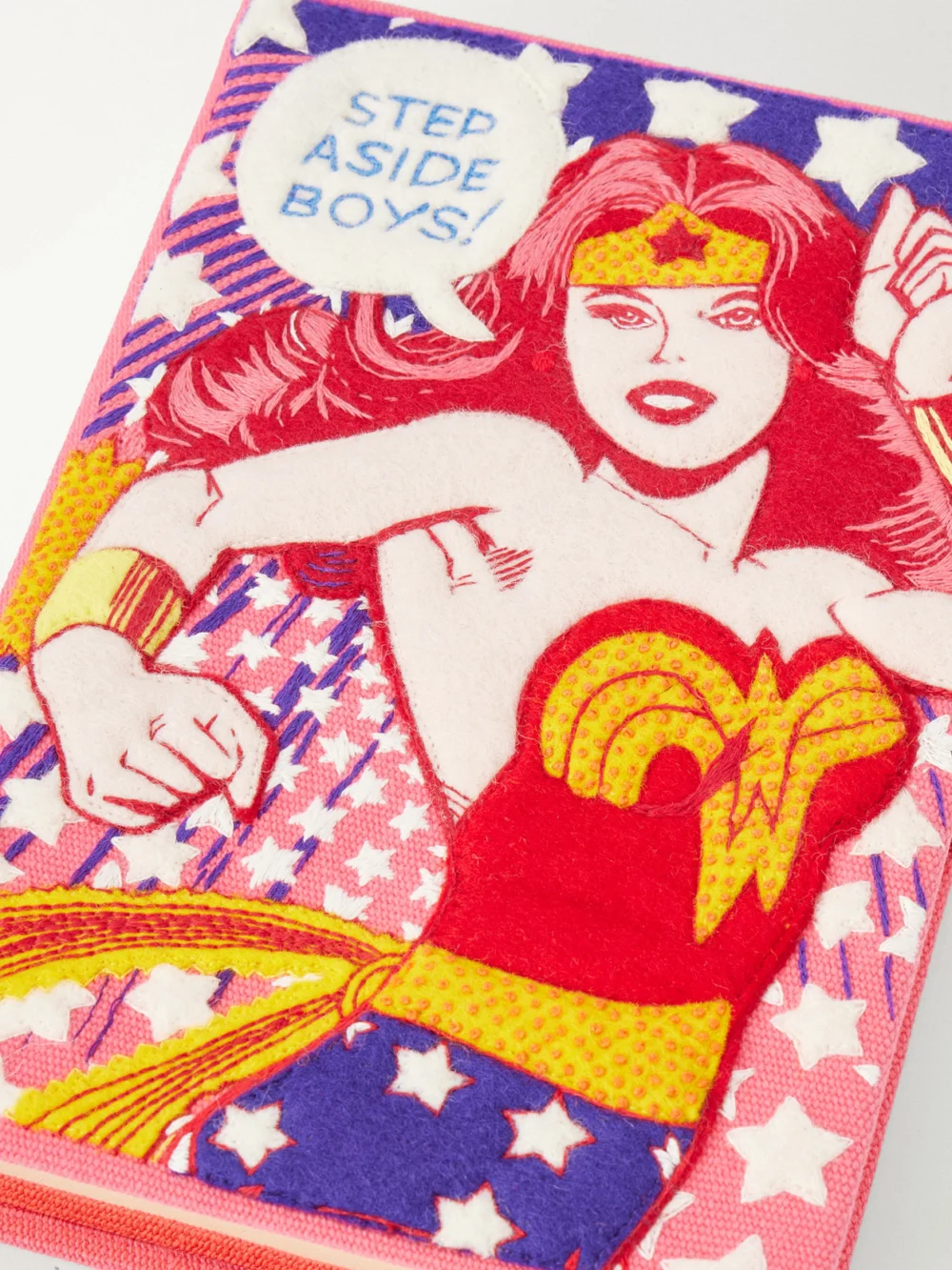 Close-up detail of the Olympia Le-Tan Wonder Woman Embroidered Canvas Clutch
