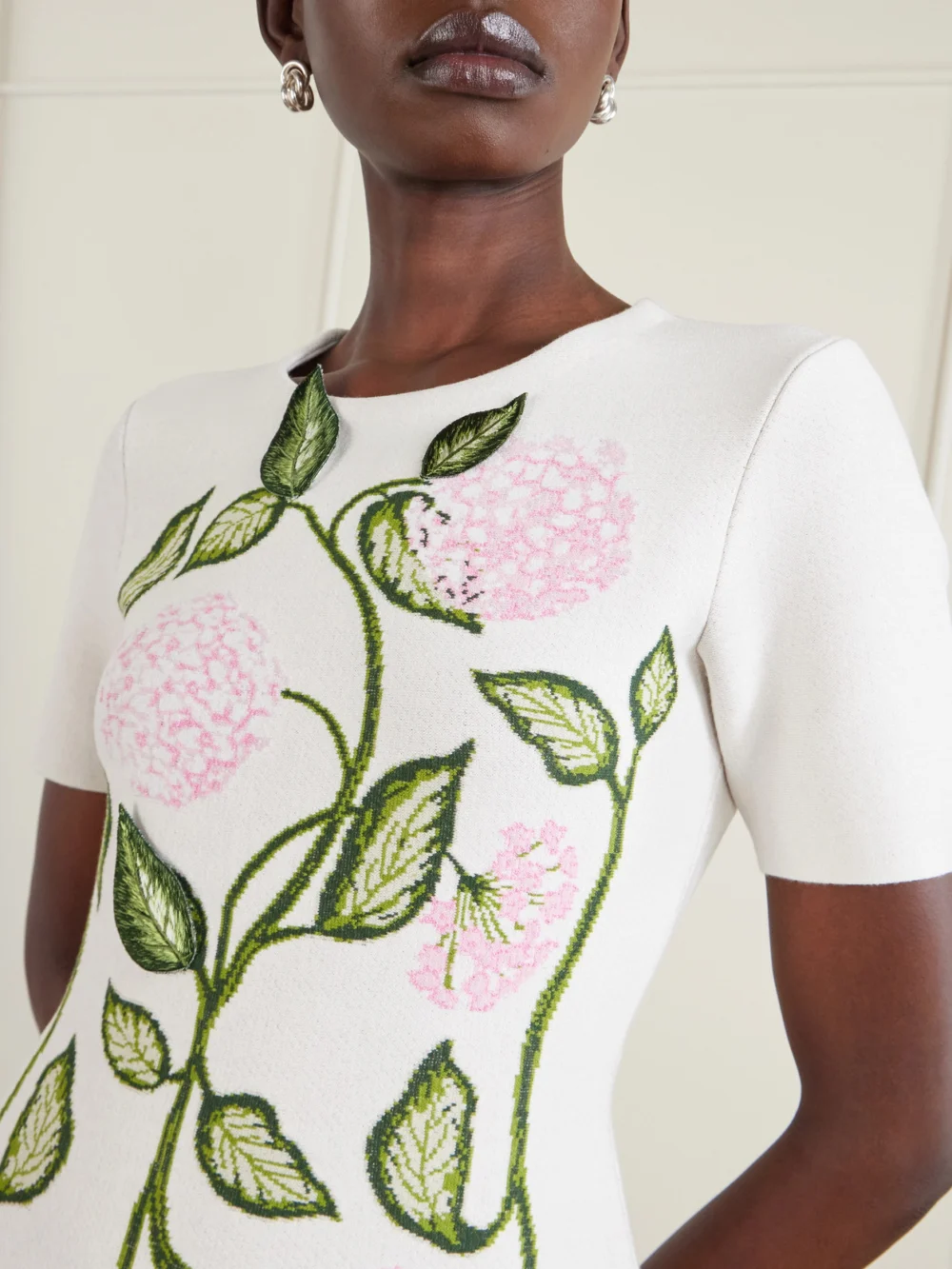 Close-up detail of the Oscar de la Renta Appliquéd Jacquard-knit Mini Dress