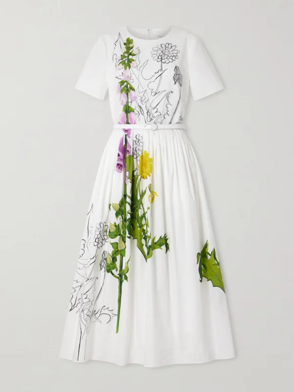 Oscar de la Renta Belted Floral-print Cotton-blend Poplin Midi Dress