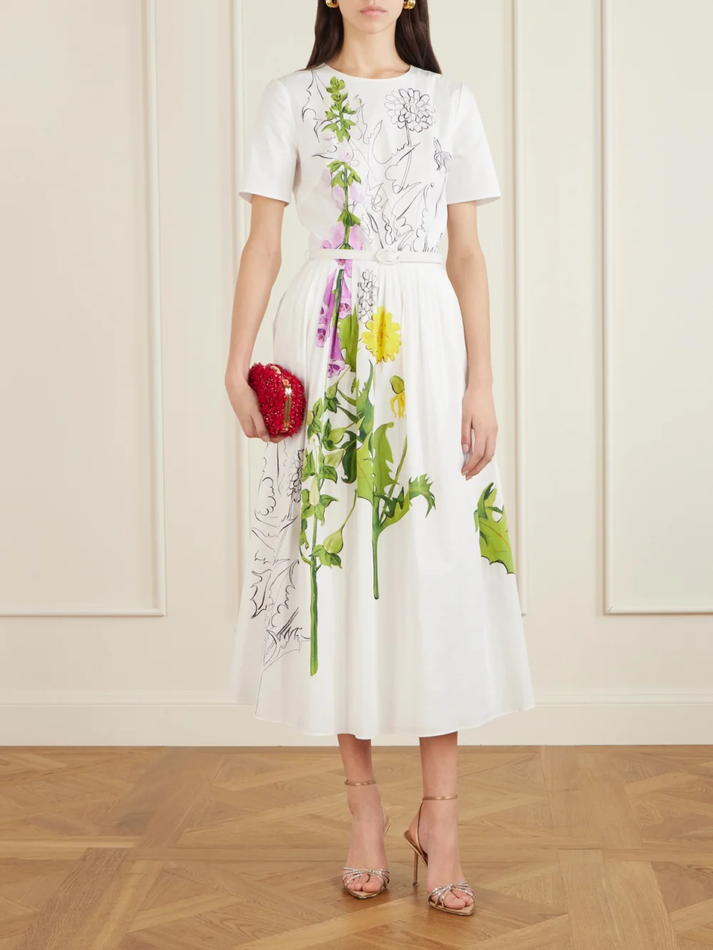 Oscar de la Renta Belted Floral-print Cotton-blend Poplin Midi Dress, worn by a model