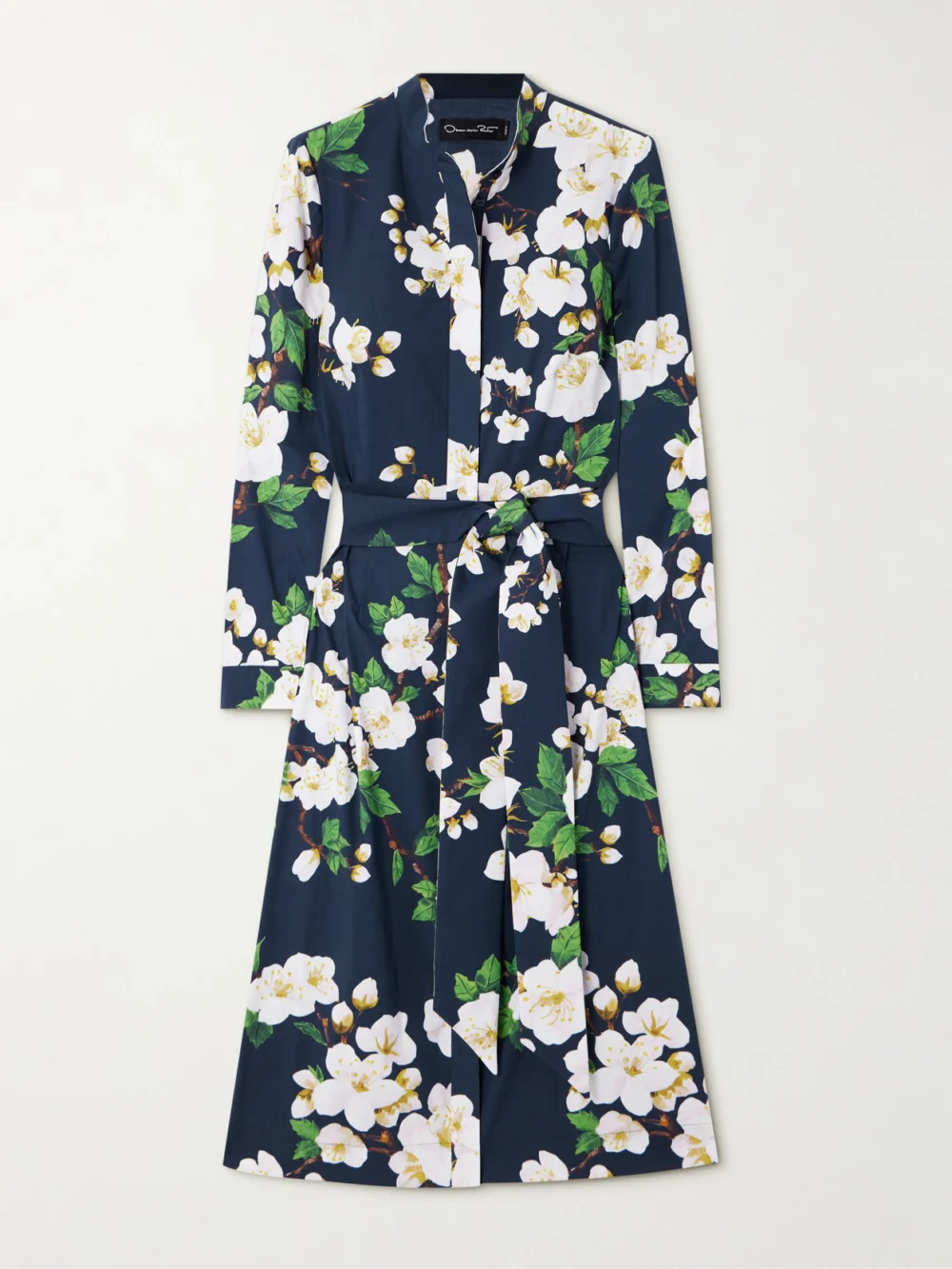 Oscar de la Renta Belted Floral-print Cotton-blend Poplin Midi Shirt Dress in navy