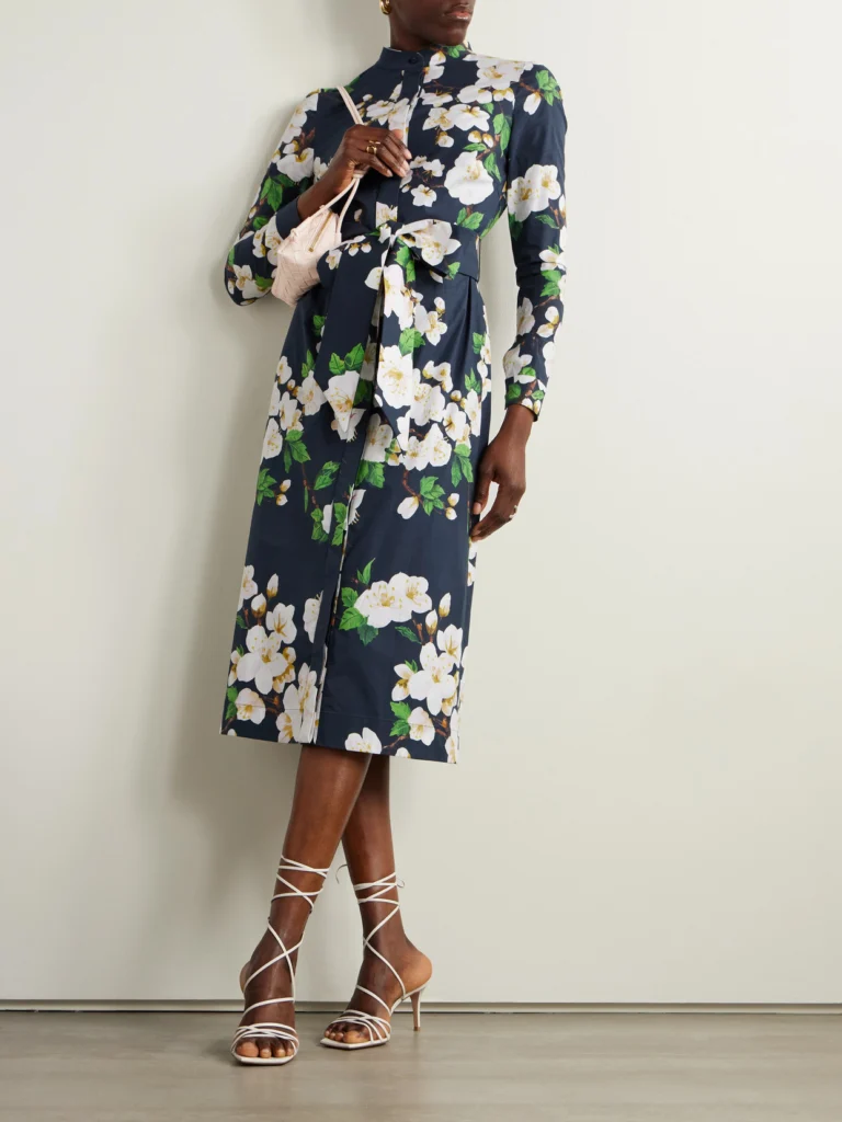 Oscar de la Renta Belted Floral-print Cotton-blend Poplin Midi Shirt Dress