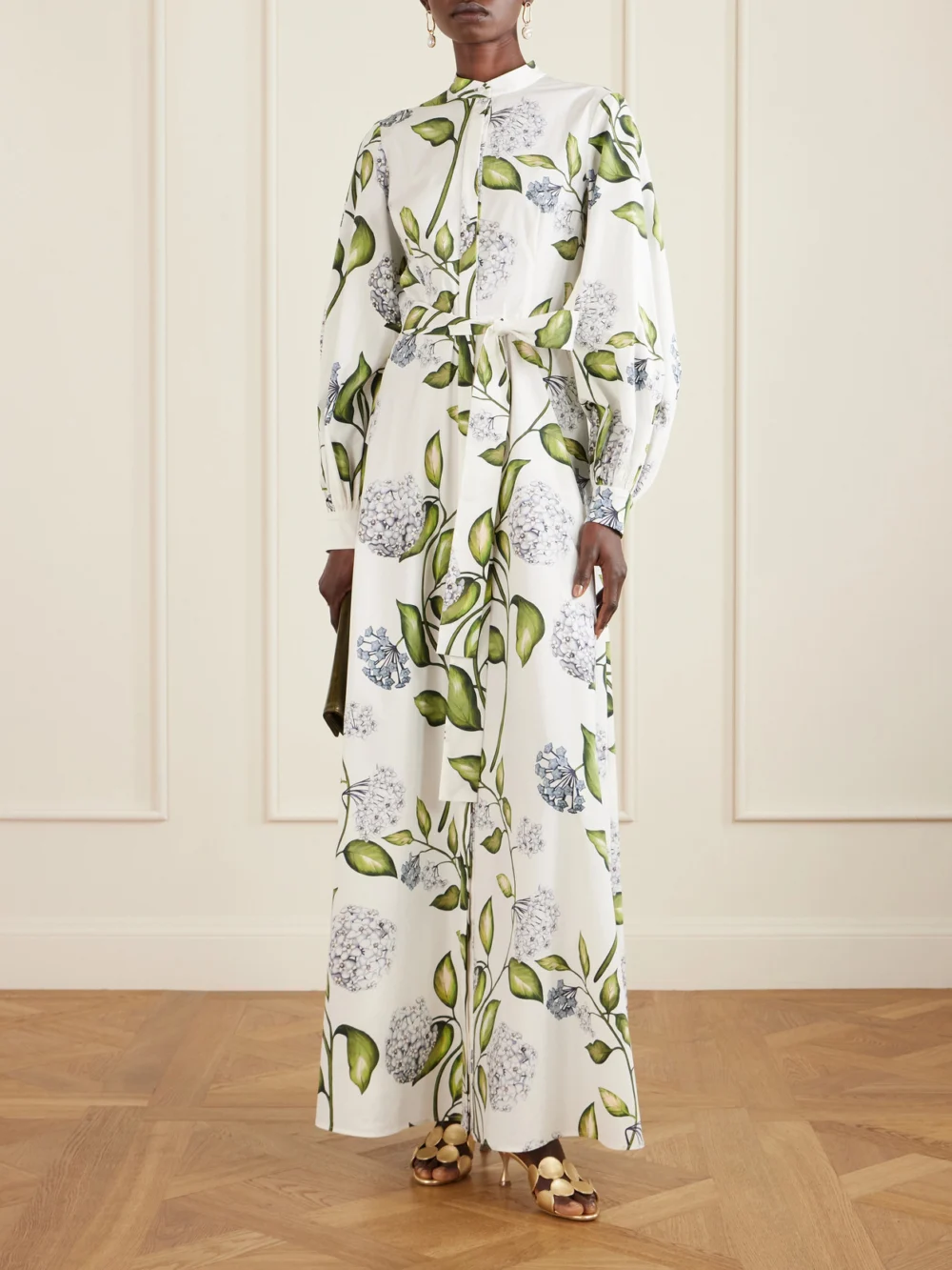 Oscar de la Renta Belted Floral-print Cotton-poplin Dress, worn by a model