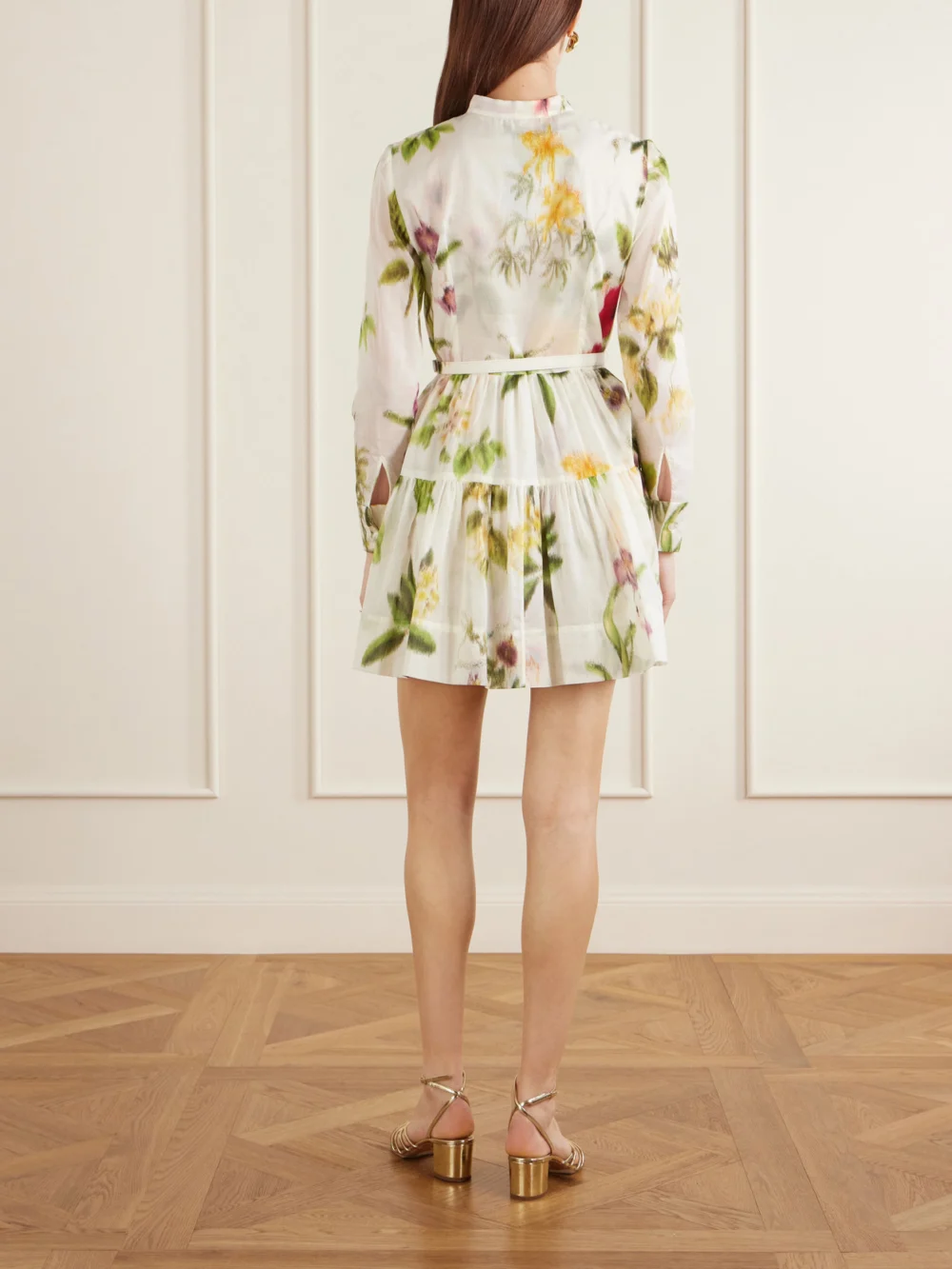 Back view of the Oscar de la Renta Belted Floral-print Cotton-voile Mini Dress