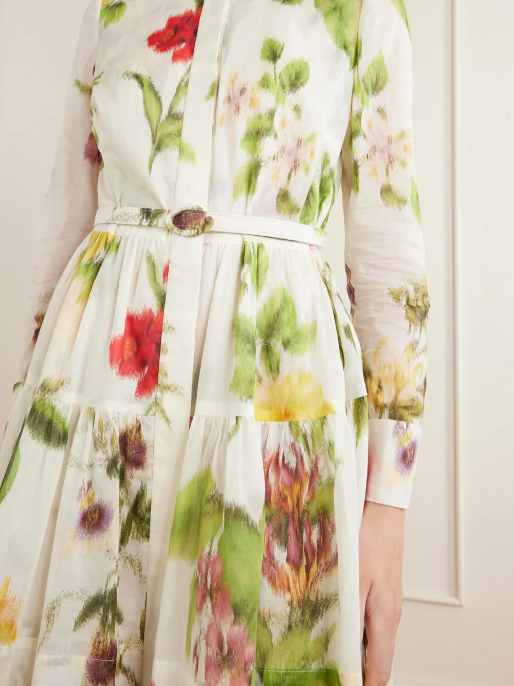 Close-up detail of the Oscar de la Renta Belted Floral-print Cotton-voile Mini Dress