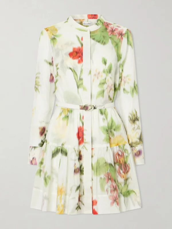 Oscar de la Renta Belted Floral-print Cotton-voile Mini Dress