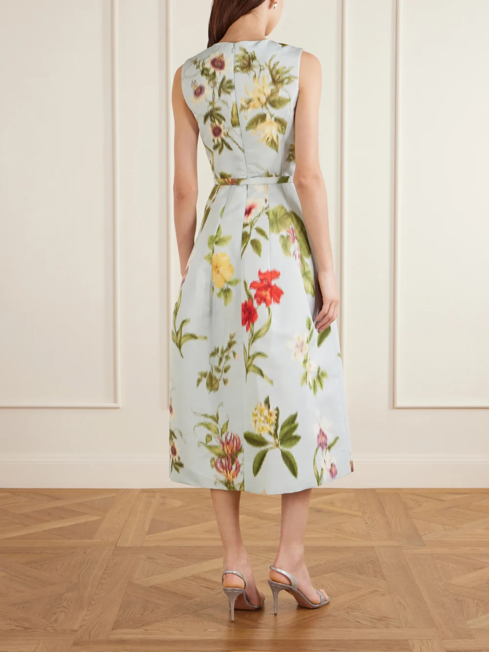 Back view of the Oscar de la Renta Belted Floral-print Faille Midi Dress