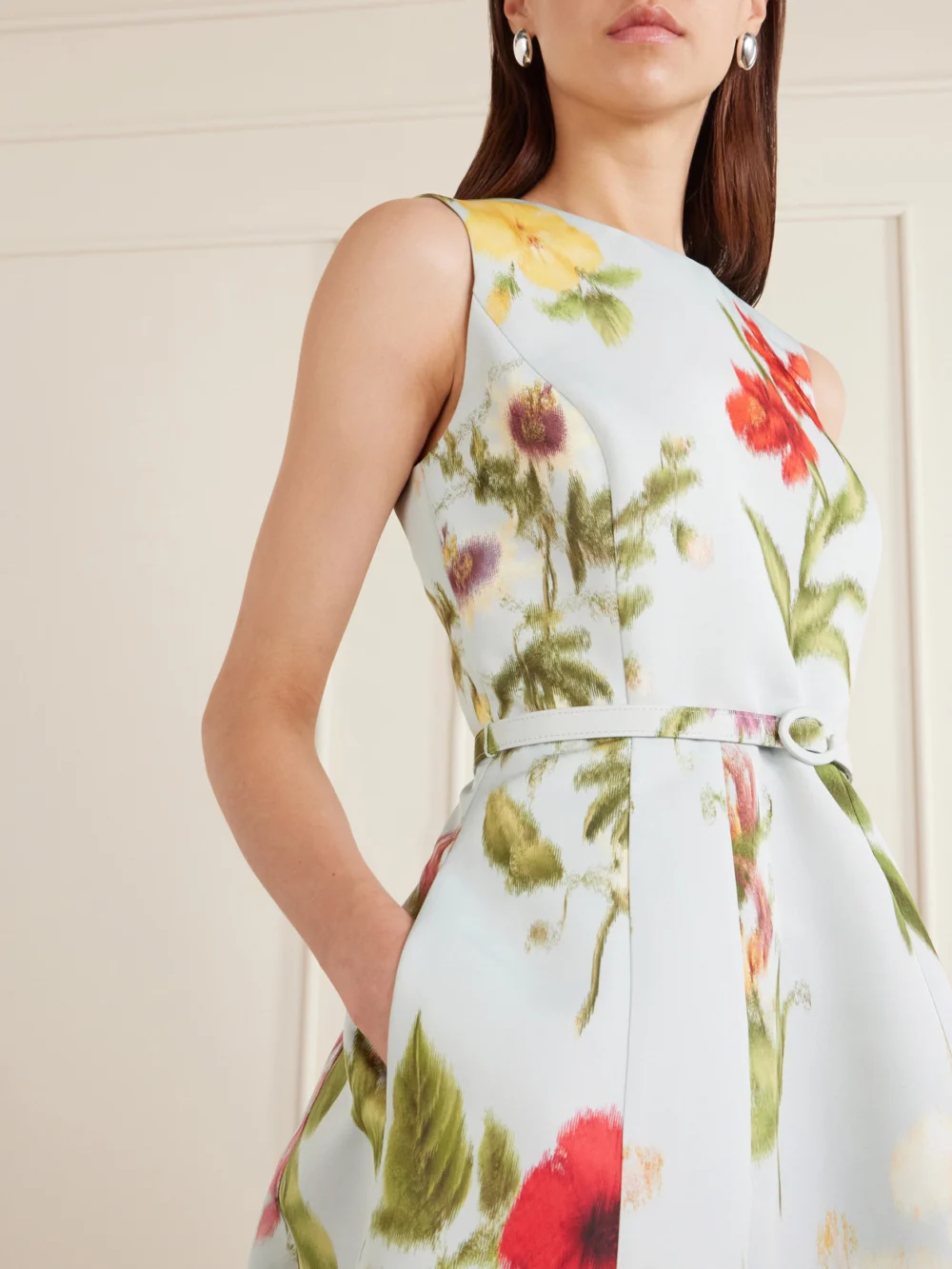 Close-up detail of the Oscar de la Renta Belted Floral-print Faille Midi Dress