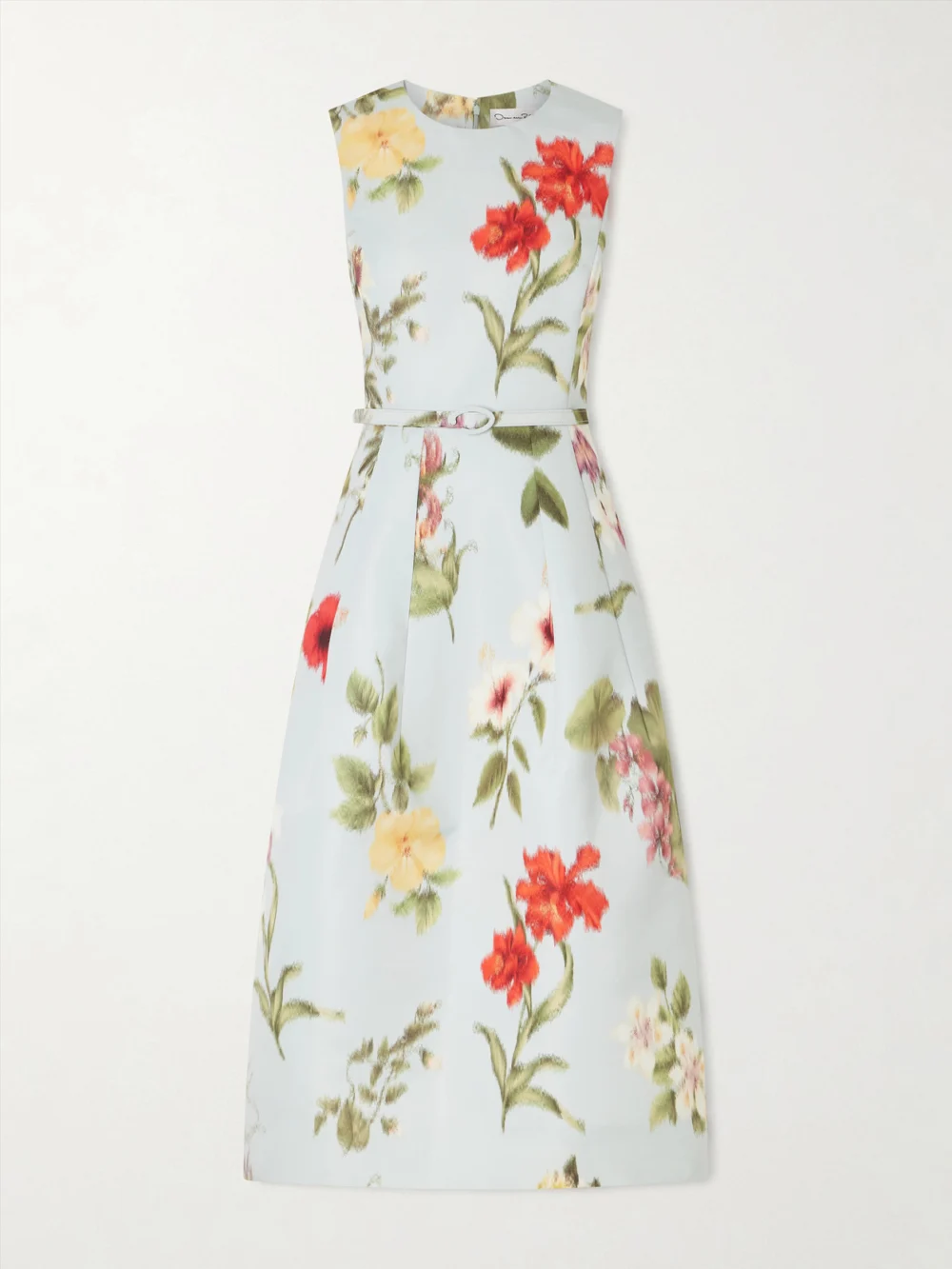 Oscar de la Renta Belted Floral-print Faille Midi Dress in light blue
