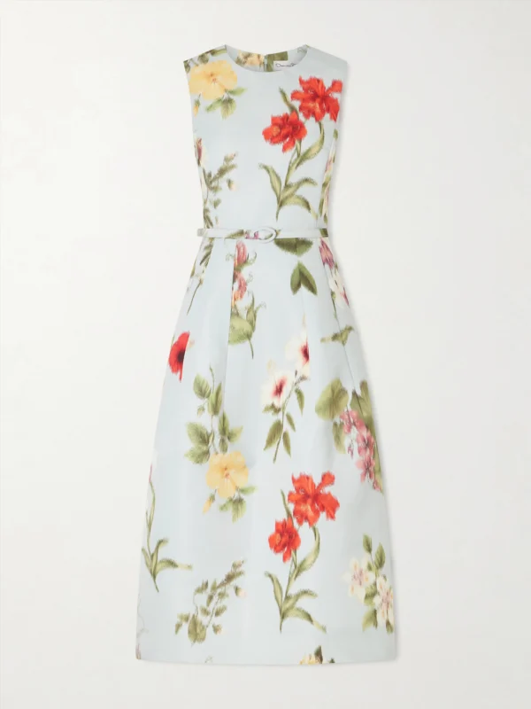 Oscar de la Renta Belted Floral-print Faille Midi Dress