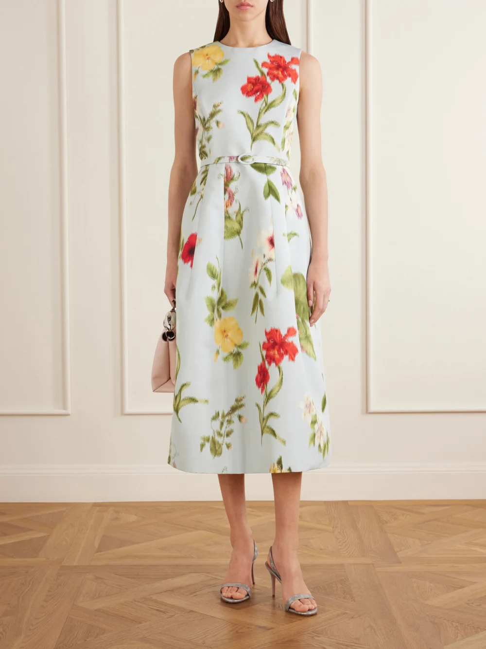 Oscar de la Renta Belted Floral-print Faille Midi Dress, worn by a model