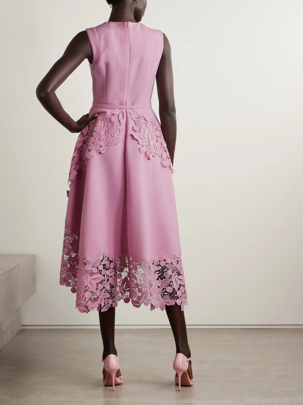 Back view of the Oscar de la Renta Belted Guipure Lace-trimmed Wool-blend Crepe Midi Dress