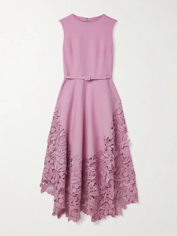 Oscar de la Renta Belted Guipure Lace-trimmed Wool-blend Crepe Midi Dress