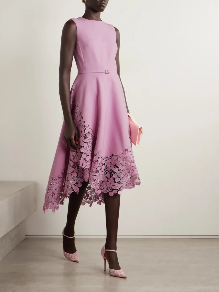 Oscar de la Renta Belted Guipure Lace-trimmed Wool-blend Crepe Midi Dress