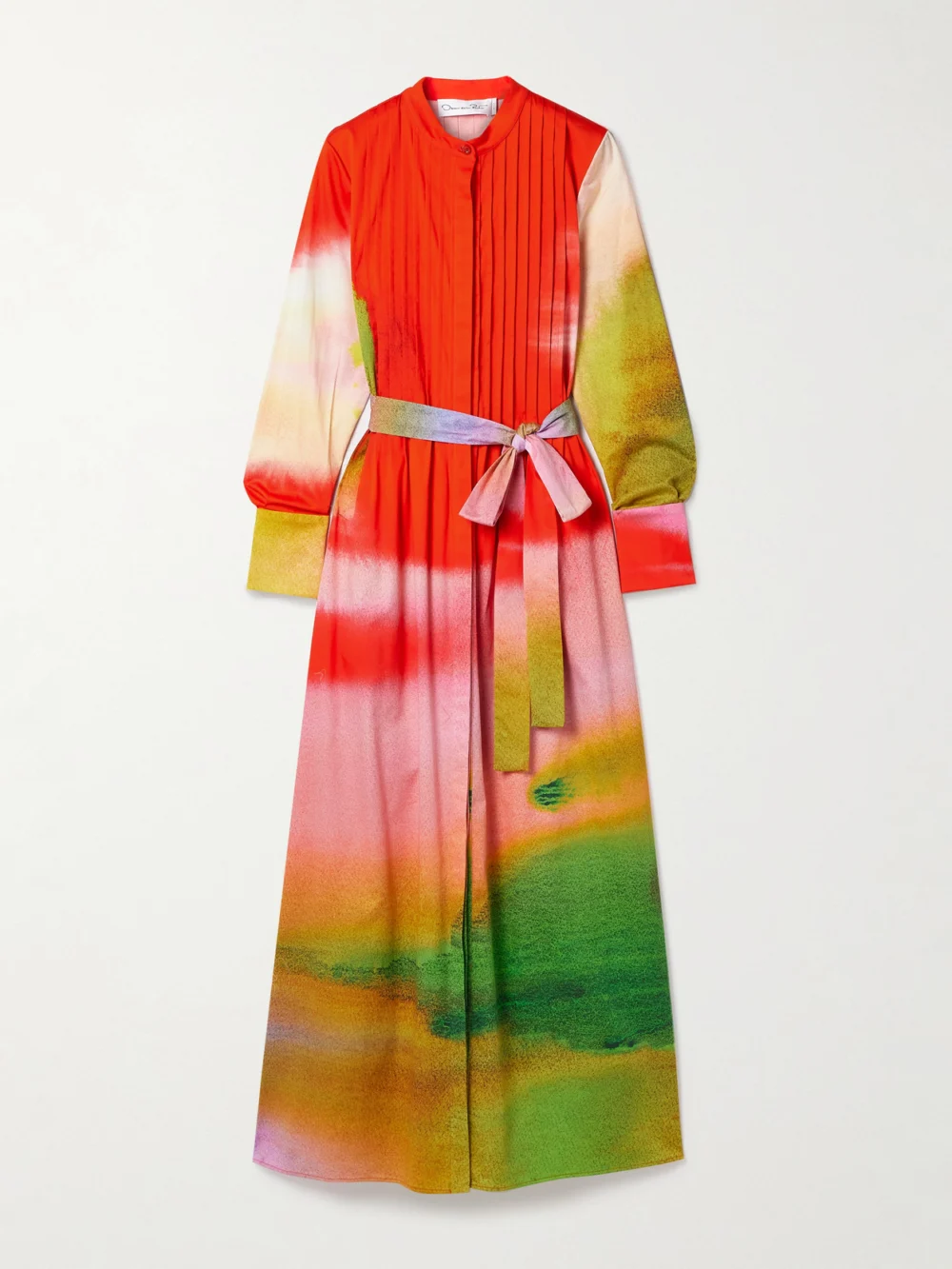 Oscar de la Renta Belted Pintucked Printed Cotton-blend Poplin Maxi Dress in red