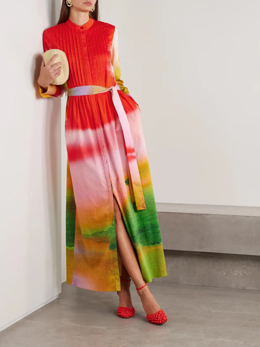 Oscar de la Renta Belted Pintucked Printed Cotton-blend Poplin Maxi Dress, worn by a model
