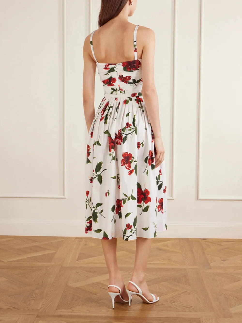 Back view of the Oscar de la Renta Belted Pleated Floral-print Cotton-blend Poplin Midi Dress