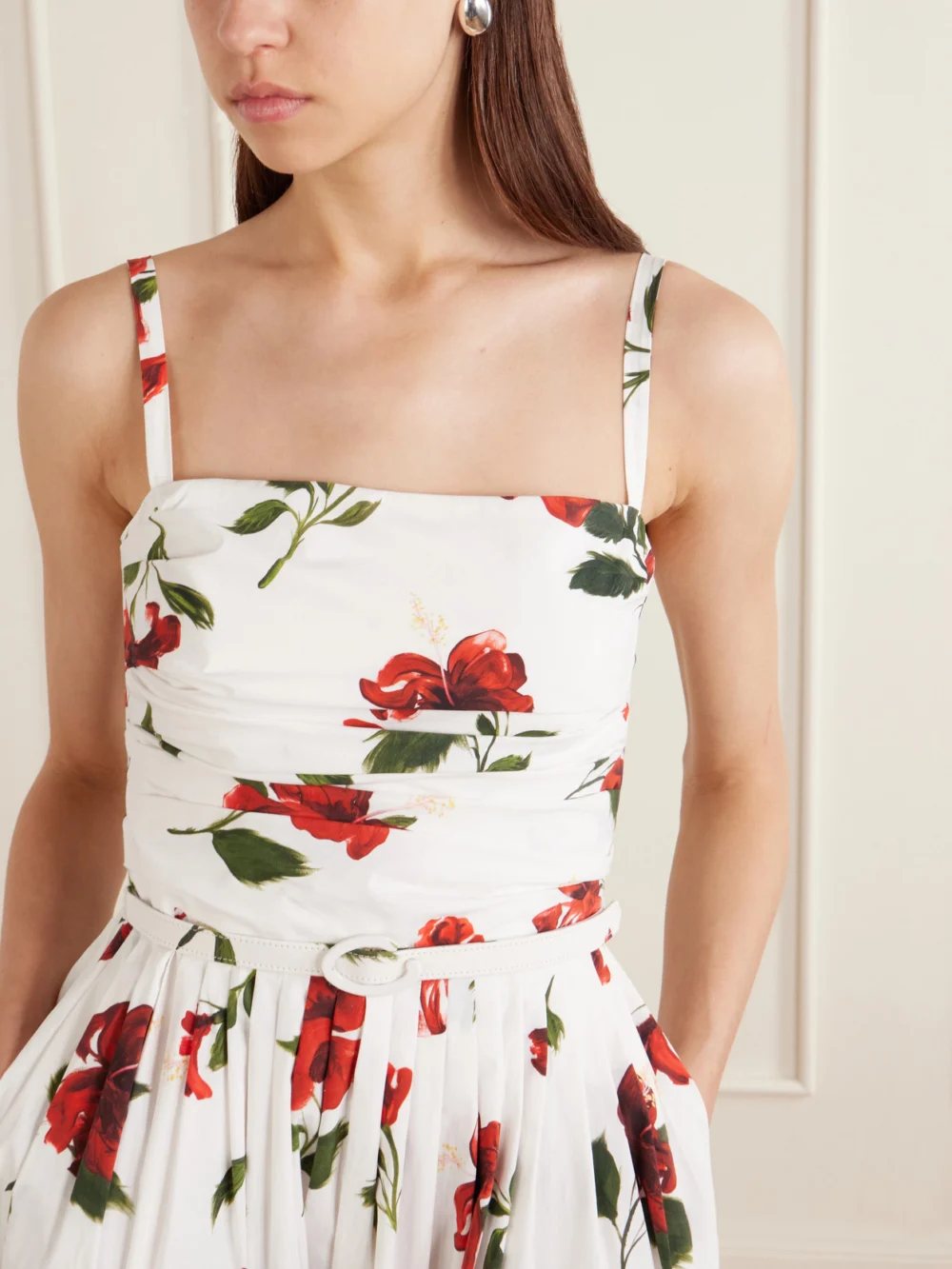 Close-up detail of the Oscar de la Renta Belted Pleated Floral-print Cotton-blend Poplin Midi Dress