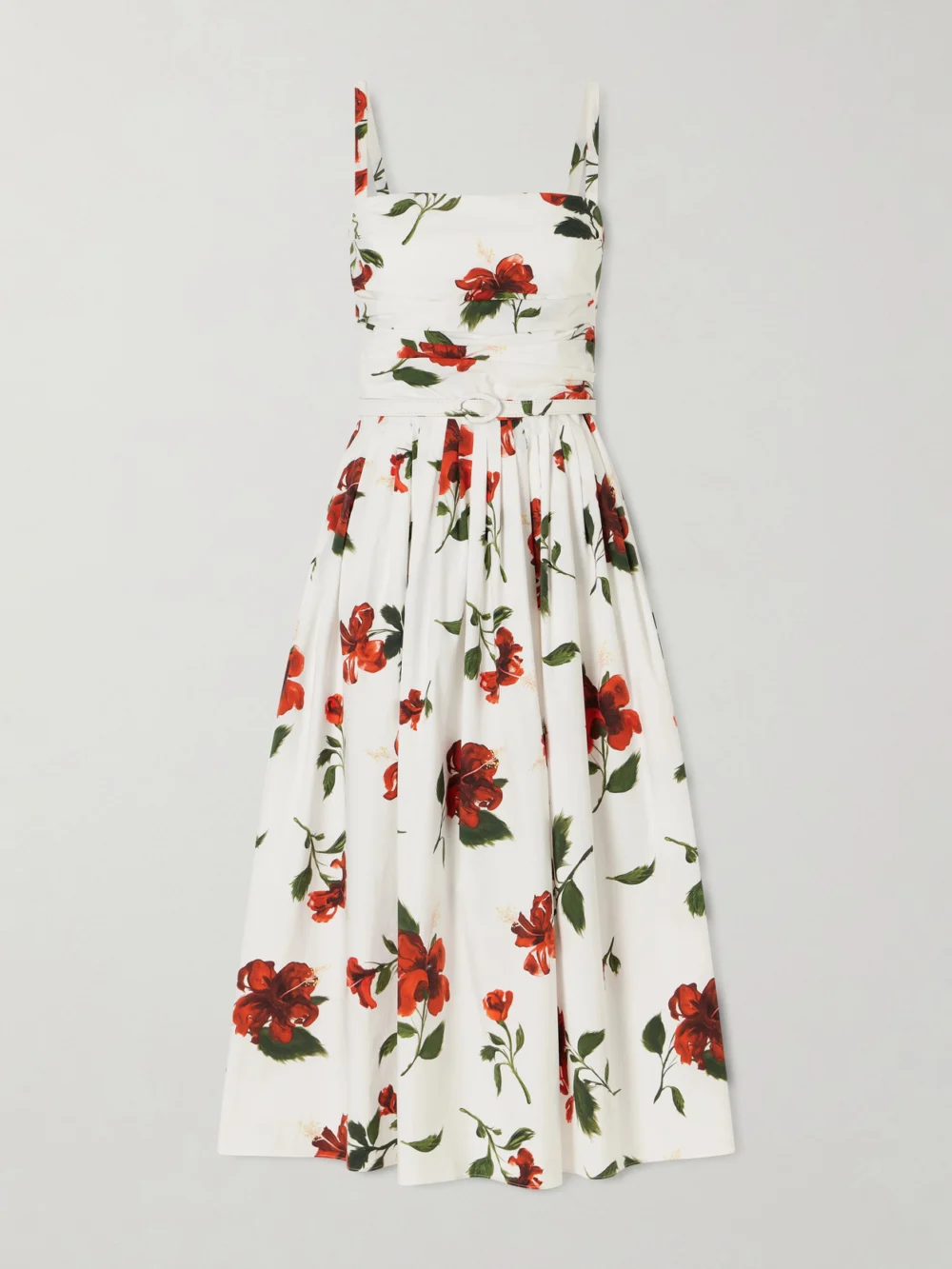 Oscar de la Renta Belted Pleated Floral-print Cotton-blend Poplin Midi Dress in white