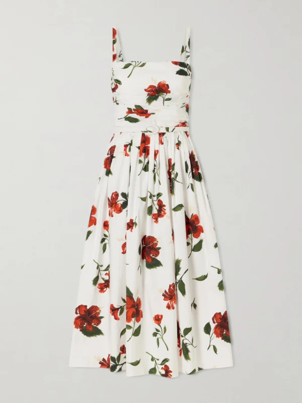 Oscar de la Renta Belted Pleated Floral-print Cotton-blend Poplin Midi Dress