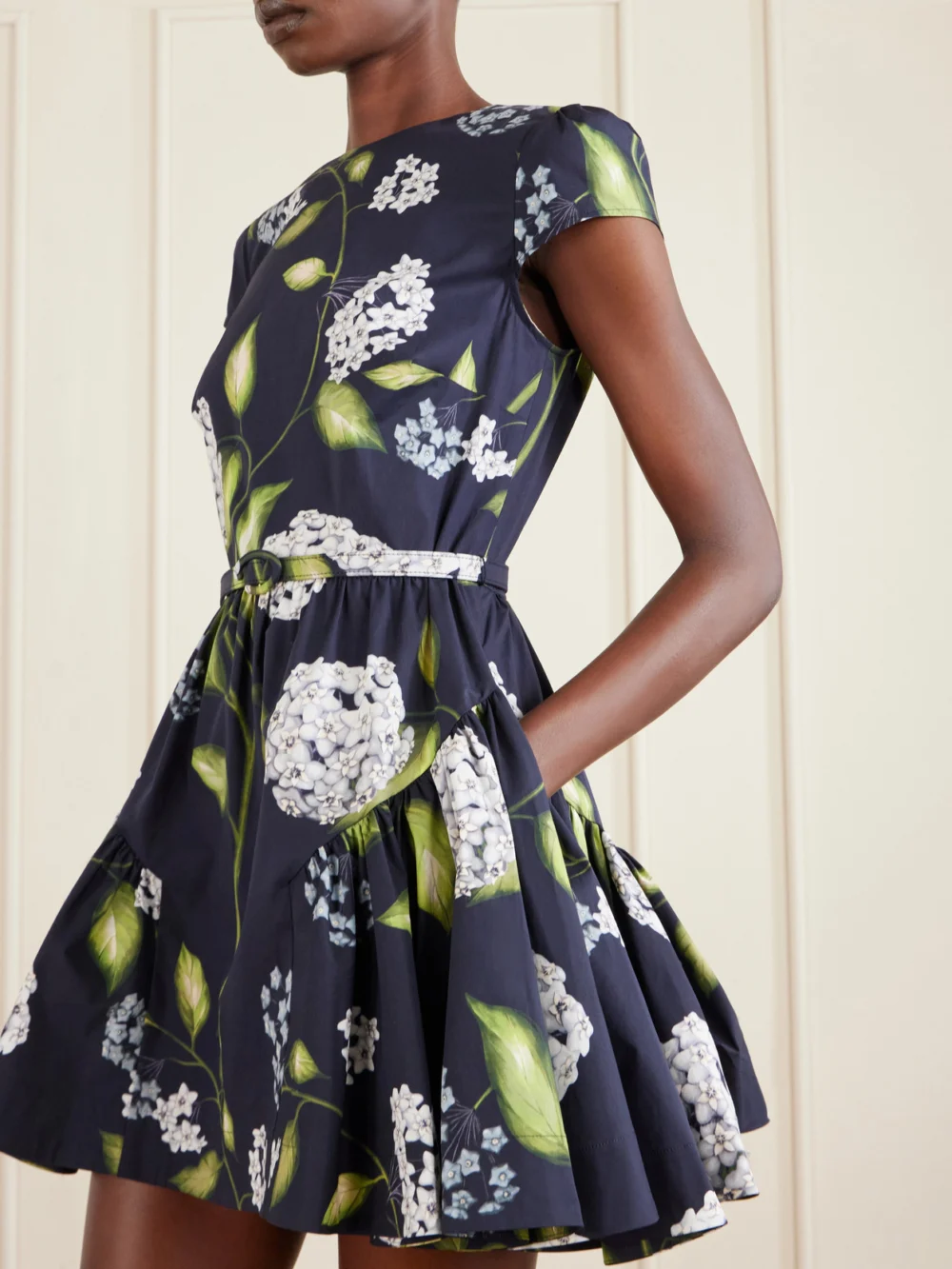 Close-up detail of the Oscar de la Renta Belted Tiered Floral-print Cotton-blend Poplin Mini Dress