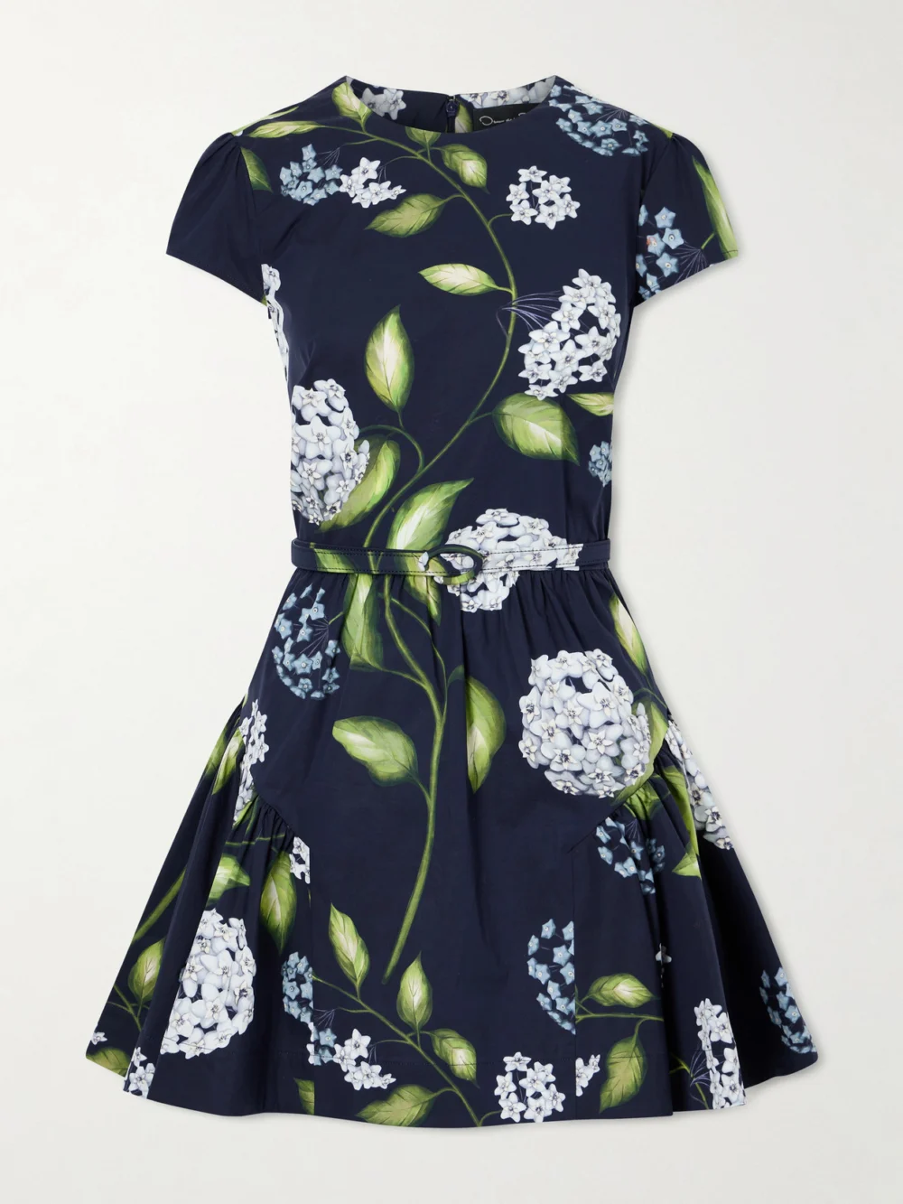Oscar de la Renta Belted Tiered Floral-print Cotton-blend Poplin Mini Dress in navy
