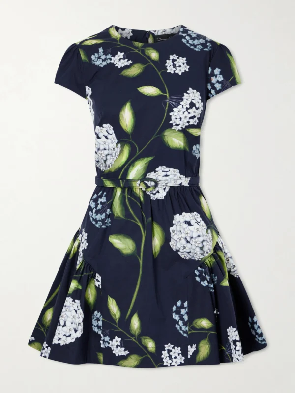 Oscar de la Renta Belted Tiered Floral-print Cotton-blend Poplin Mini Dress