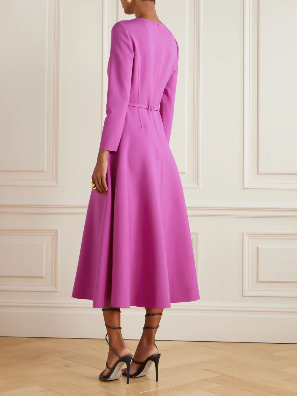 Back view of the Oscar de la Renta Belted Wool-blend Midi Dress