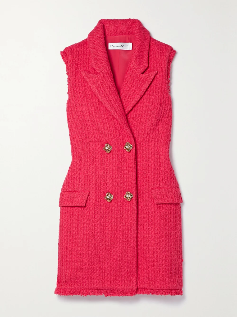 Oscar de la Renta Button-embellished Frayed Wool-blend Tweed Mini Dress in red